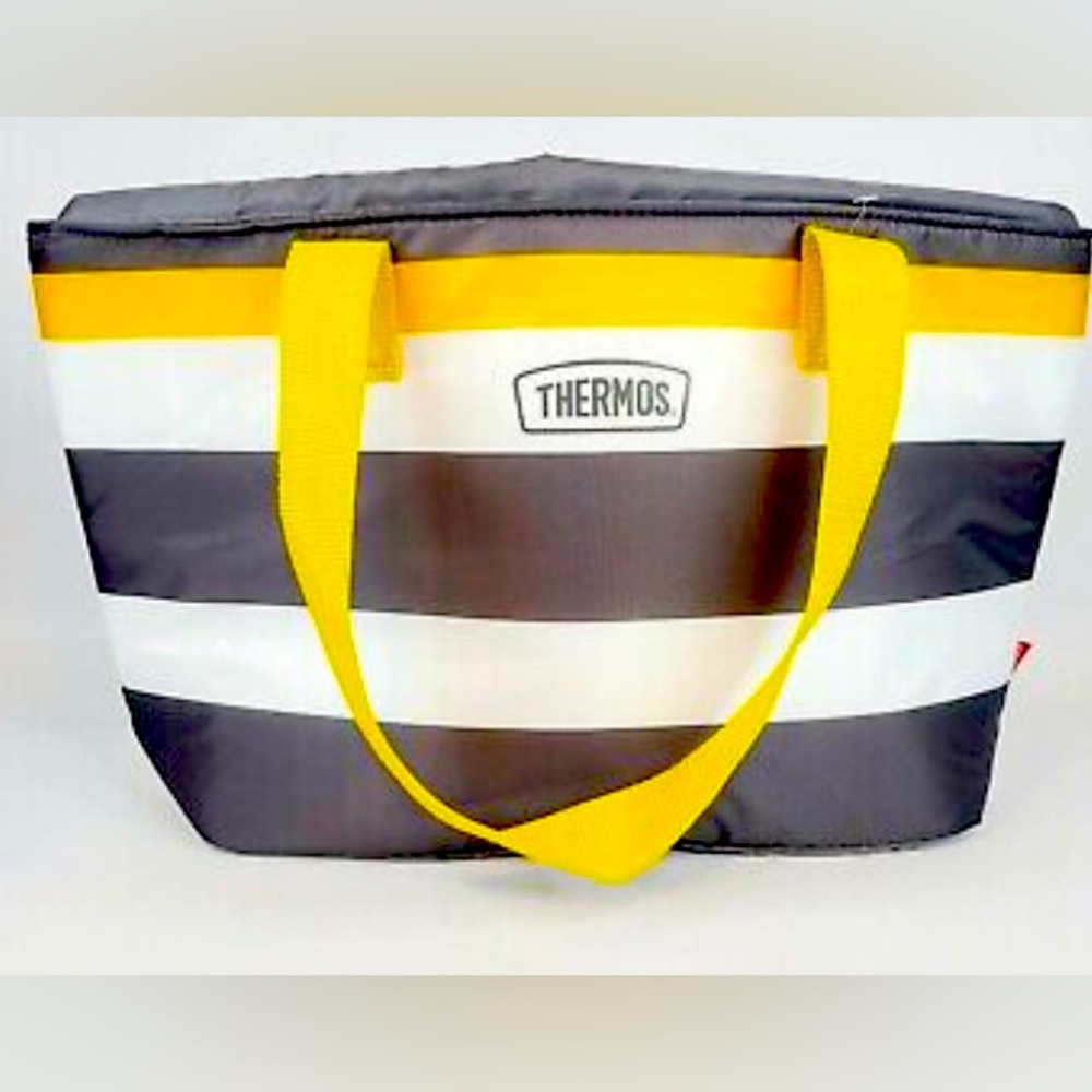 Thermos insulated 18 can tote, gray, white stripes and yellow-gold handles NWT